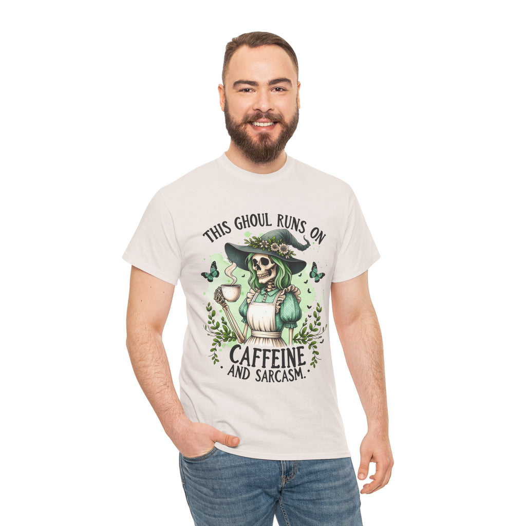 Caffeine and Sarcasm, Funny Halloween Tee, Unisex Tee, Perfect for Gifting, October Festivities, Casual Wear, Skeleton Graphic Tee