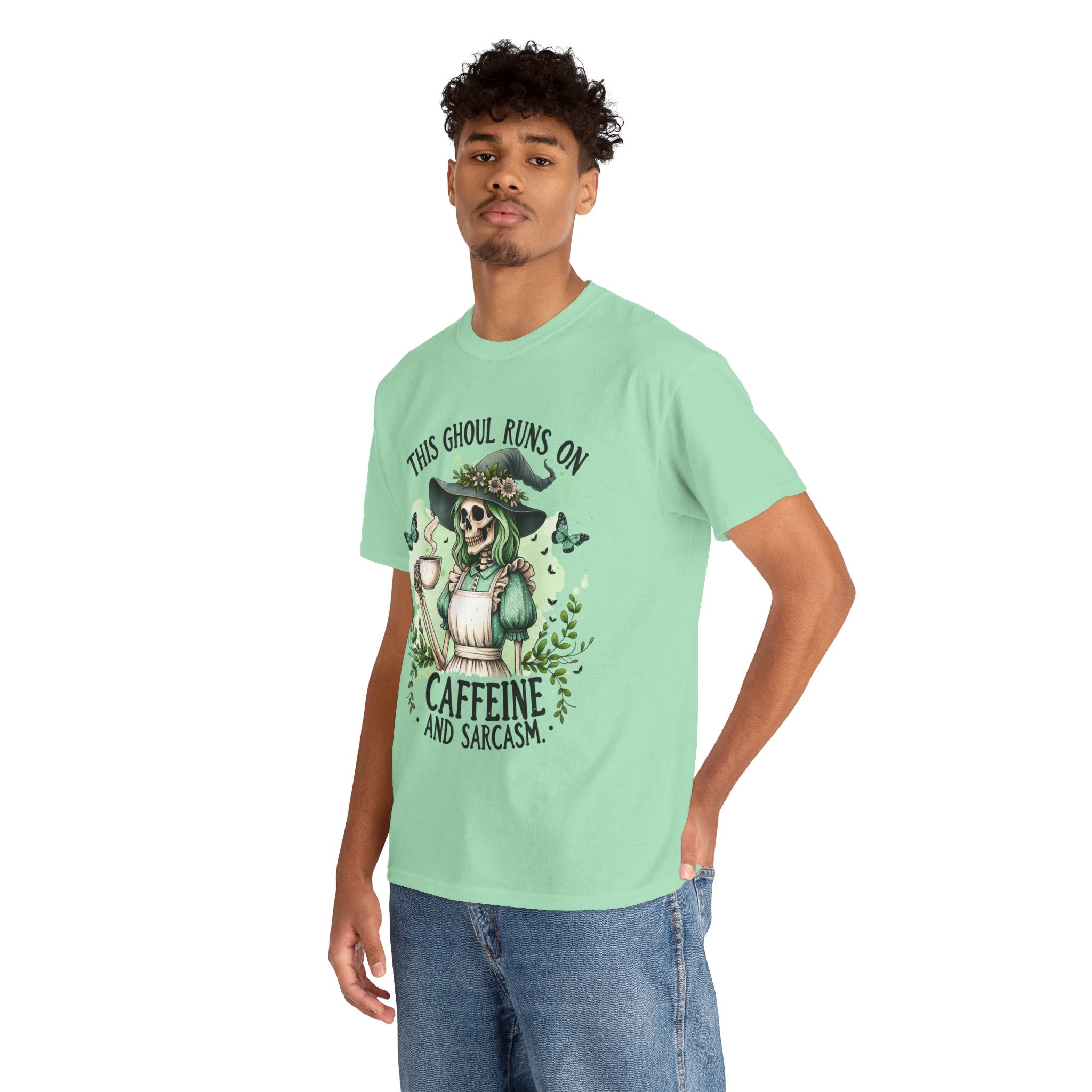 Caffeine and Sarcasm, Funny Halloween Tee, Unisex Tee, Perfect for Gifting, October Festivities, Casual Wear, Skeleton Graphic Tee