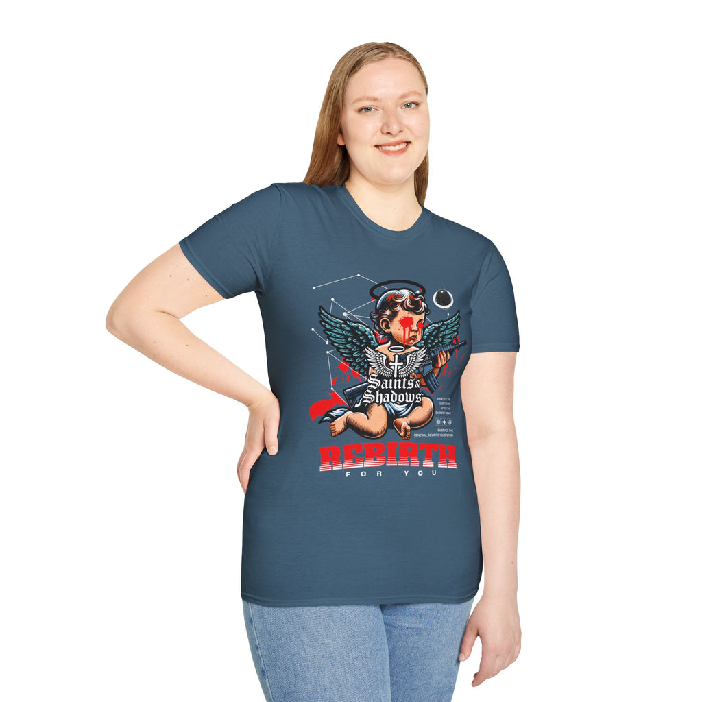 Saints and Shadows - Rebirth, Angelic Artwork Unisex Softstyle T-Shirt, Casual Wear