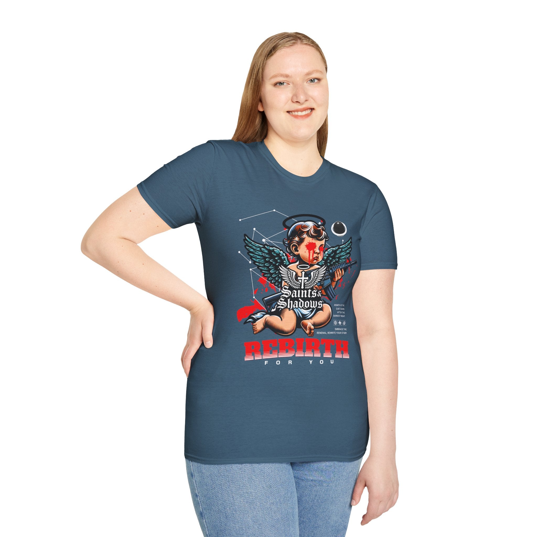 Saints and Shadows - Rebirth, Angelic Artwork Unisex Softstyle T-Shirt, Casual Wear