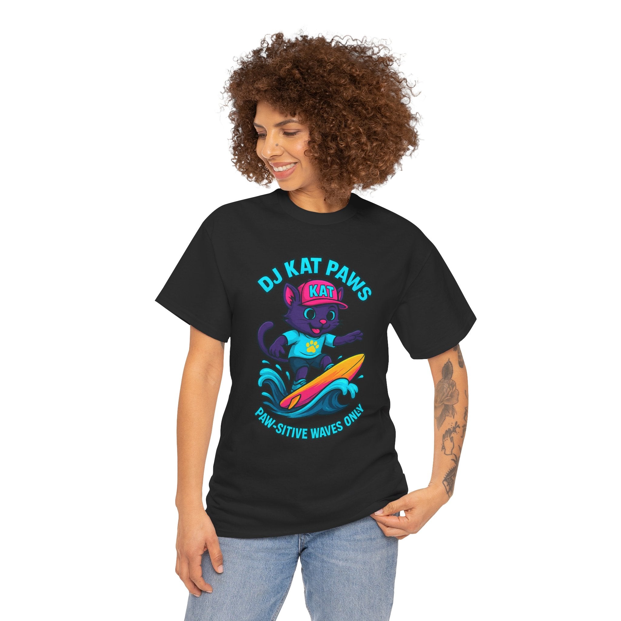 DJ KAT PAWS Paw-sitive Waves Only Surfing Tee