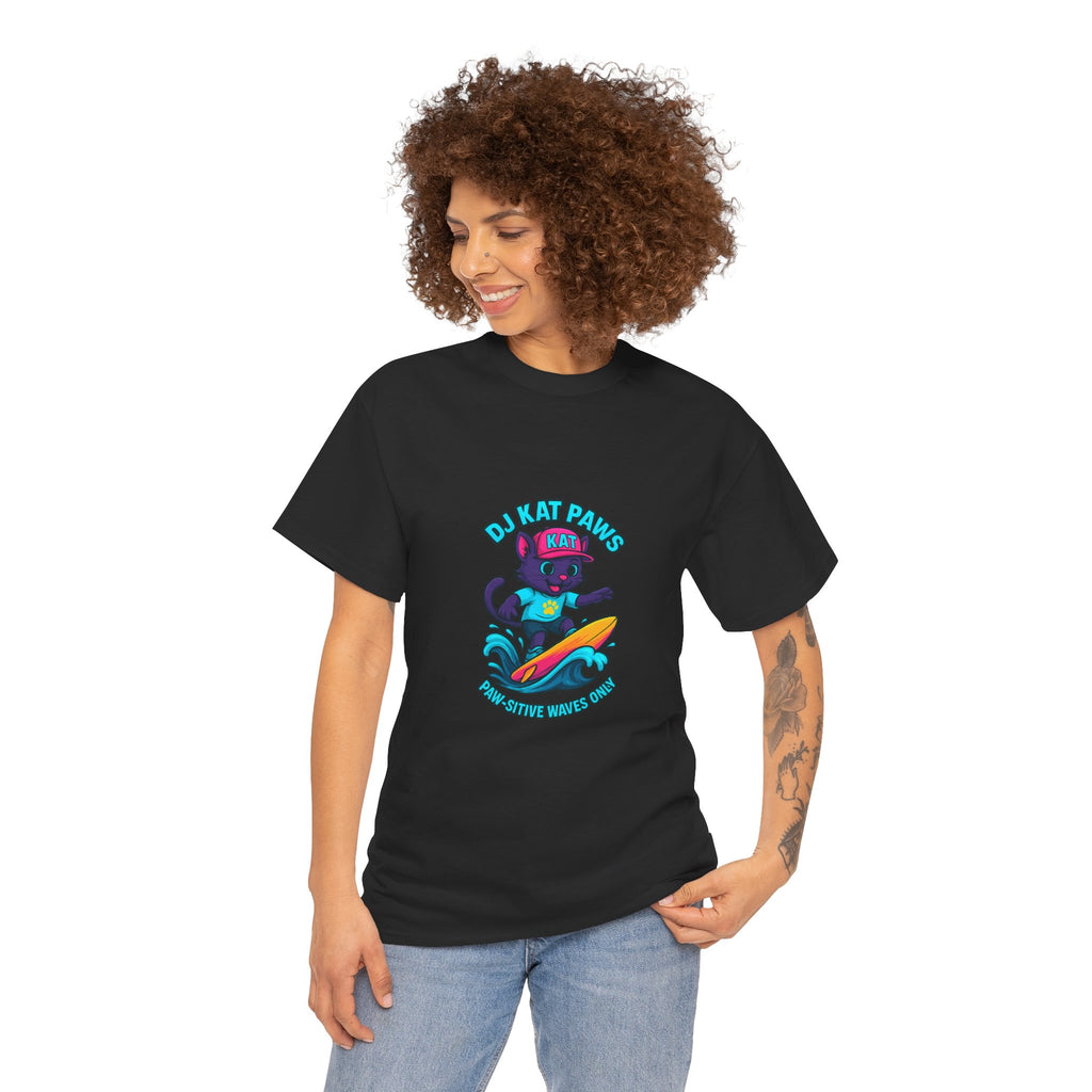 DJ KAT PAWS Surfing Fun T-Shirt | Stay Cool, Have Fun, Play Safe, Be You! | Fun Summer Tee, Gift for Cat Lovers, Beach Vibes