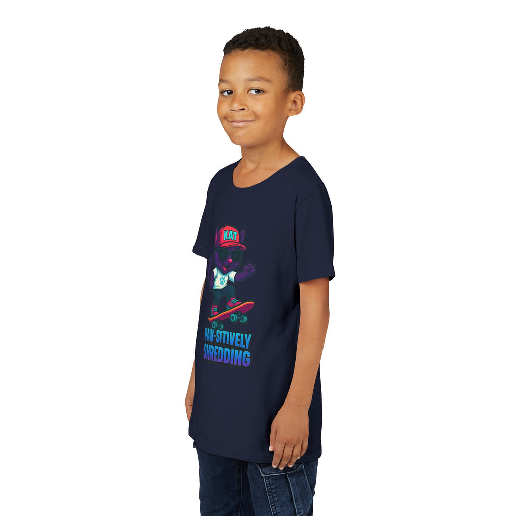 DJ KAT PAWS Paw-sitively Shredding, Skateboarding Youth Tee | Fun Summer Shirt, Motivational Kids T-Shirt, Birthday Gift for Boys & Girls