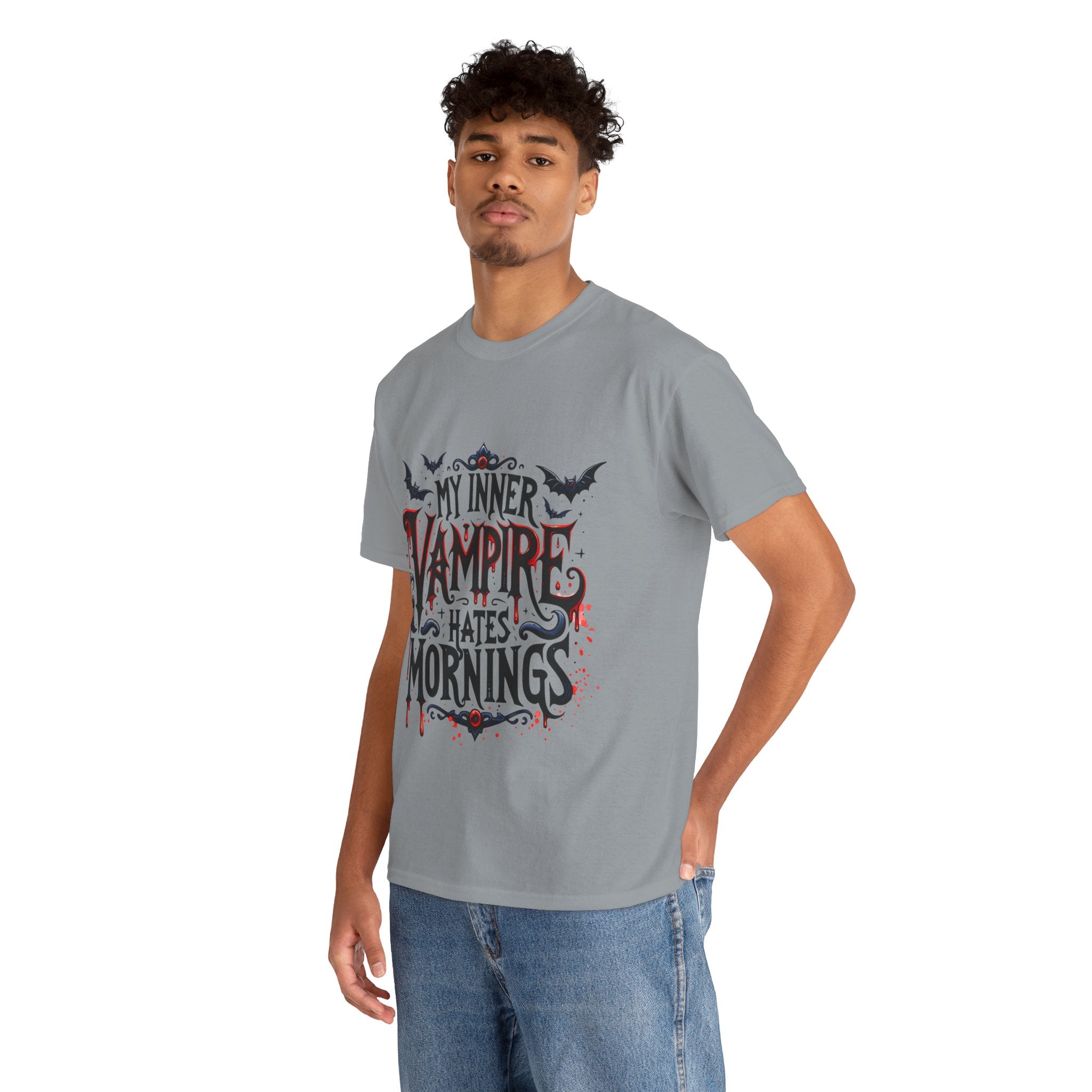 My Inner Vampire Hates Mornings, Tee - Unisex Heavy Cotton Shirt for Halloween, Gifts, Casual Wear, Funny T-Shirt, Vampire Lover Apparel