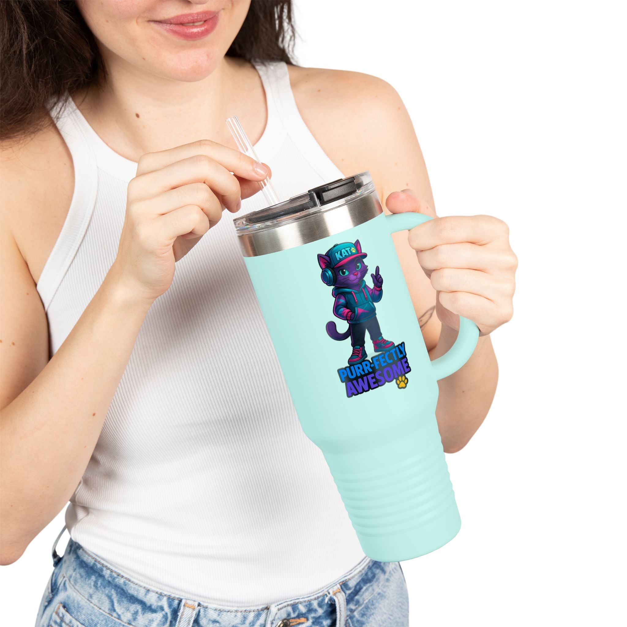 DJ KAT PAWS Purr-fectly Awesome | Travel Mug  - for Cat Lovers, 40oz Insulated Tumbler, Perfect for Road Trips, Gifts for Pet Owners.