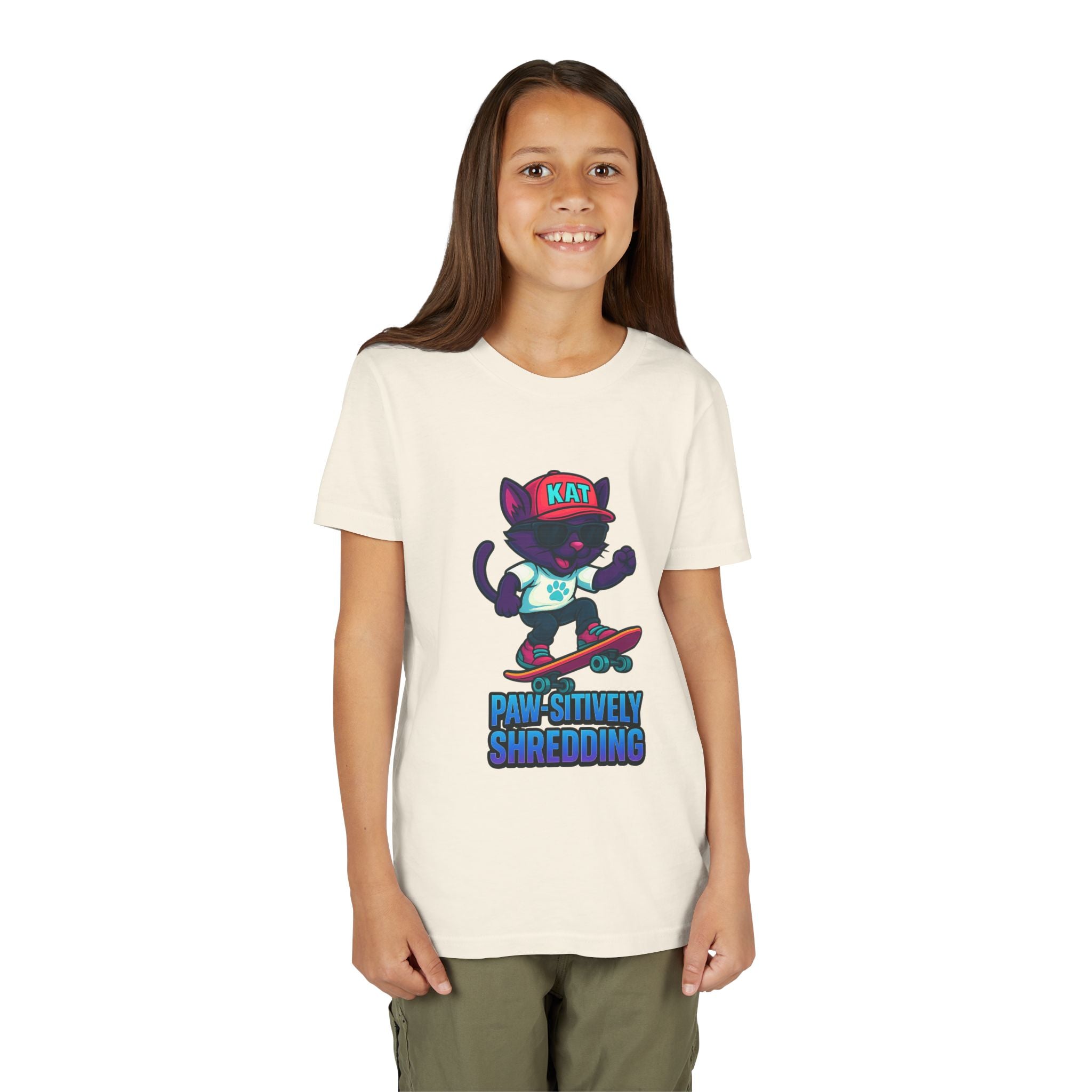 DJ KAT PAWS Paw-sitively Shredding, Skateboarding Youth Tee | Fun Summer Shirt, Motivational Kids T-Shirt, Birthday Gift for Boys & Girls