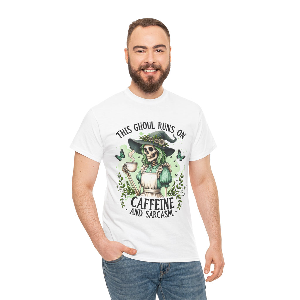 Caffeine and Sarcasm, Funny Halloween Tee, Unisex Tee, Perfect for Gifting, October Festivities, Casual Wear, Skeleton Graphic Tee
