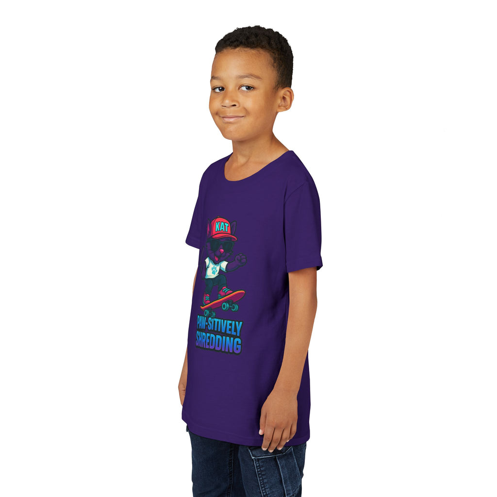 DJ KAT PAWS Paw-sitively Shredding, Skateboarding Youth Tee | Fun Summer Shirt, Motivational Kids T-Shirt, Birthday Gift for Boys & Girls