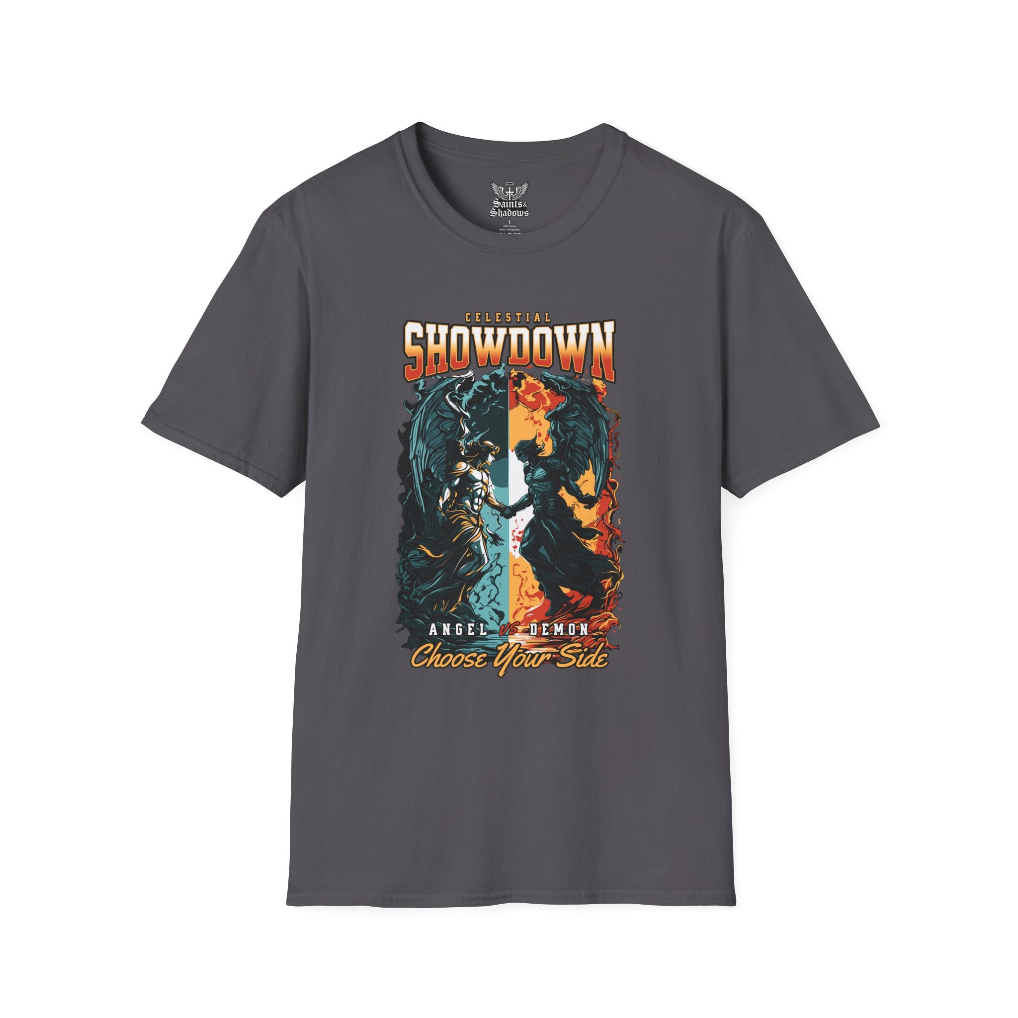 Saints and Shadows - Epic Showdown, Angelic Artwork Unisex Softstyle T-Shirt, Casual Wear