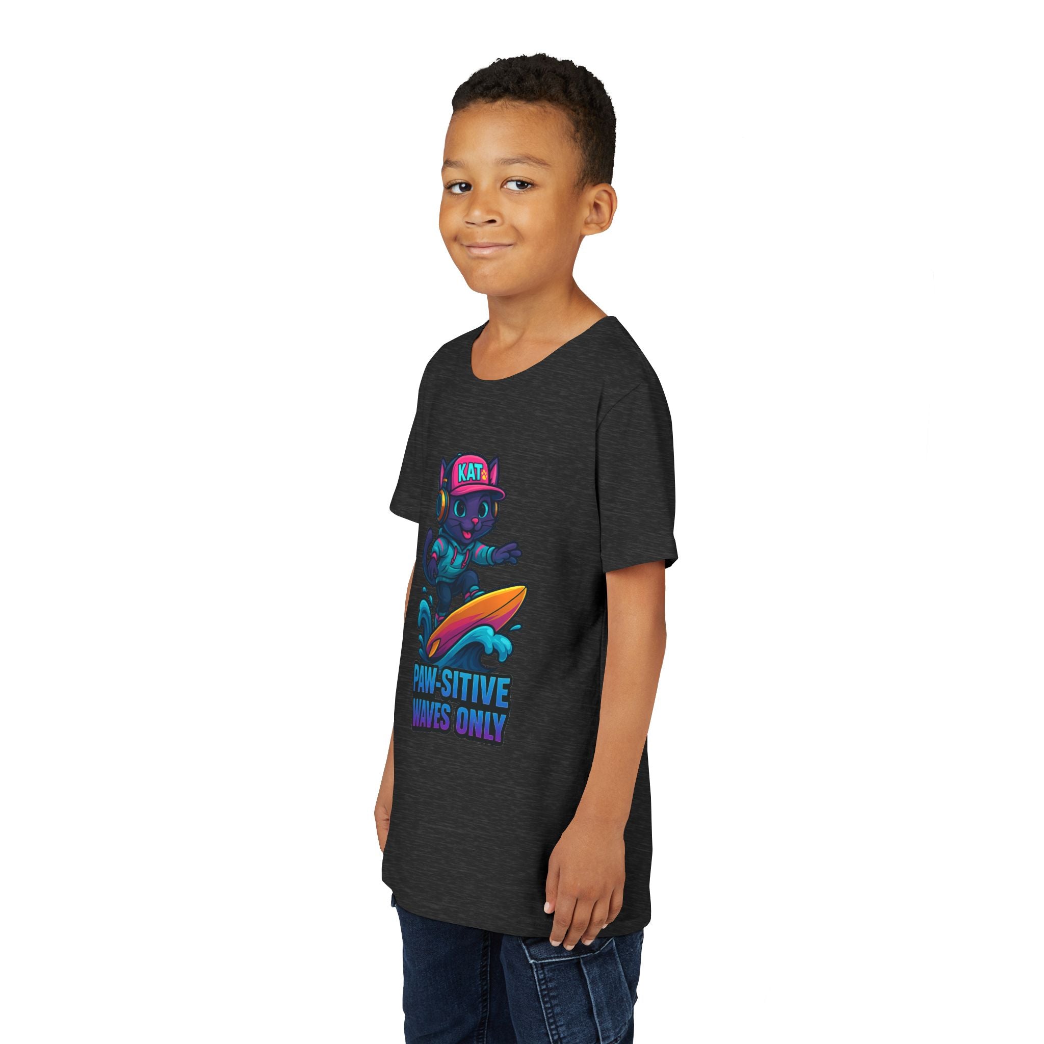 DJ KAT PAWS Paw-Sitive Waves Only, Youth Tee | Kids Surfing T-Shirt, Fun Cat Graphic Top, Summer Apparel, Gifts for Animal Lovers