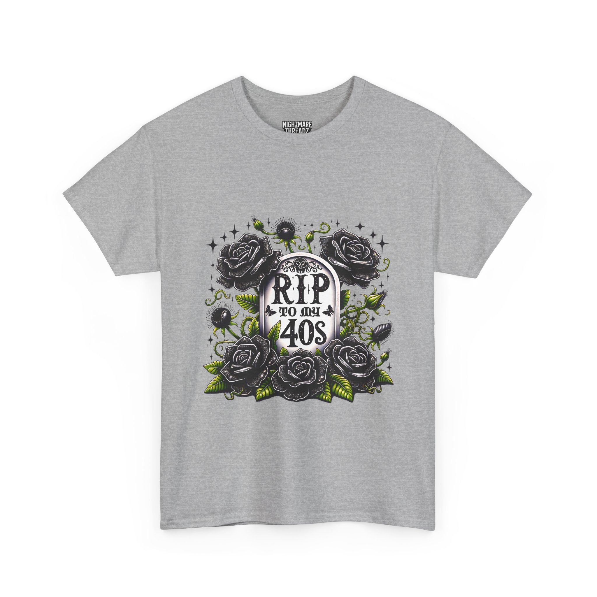 RIP to My 40s Tee, Heavy, Unisex Graphic Shirt, Birthday Gift, Casual Wear, Vintage Style, Floral Design T-shirt