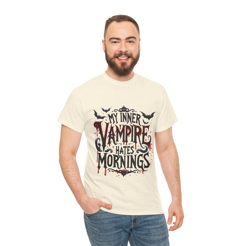 My Inner Vampire Hates Mornings, Tee - Unisex Heavy Cotton Shirt for Halloween, Gifts, Casual Wear, Funny T-Shirt, Vampire Lover Apparel