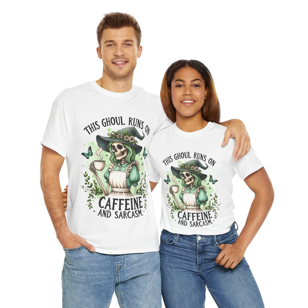 Caffeine and Sarcasm, Funny Halloween Tee, Unisex Tee, Perfect for Gifting, October Festivities, Casual Wear, Skeleton Graphic Tee