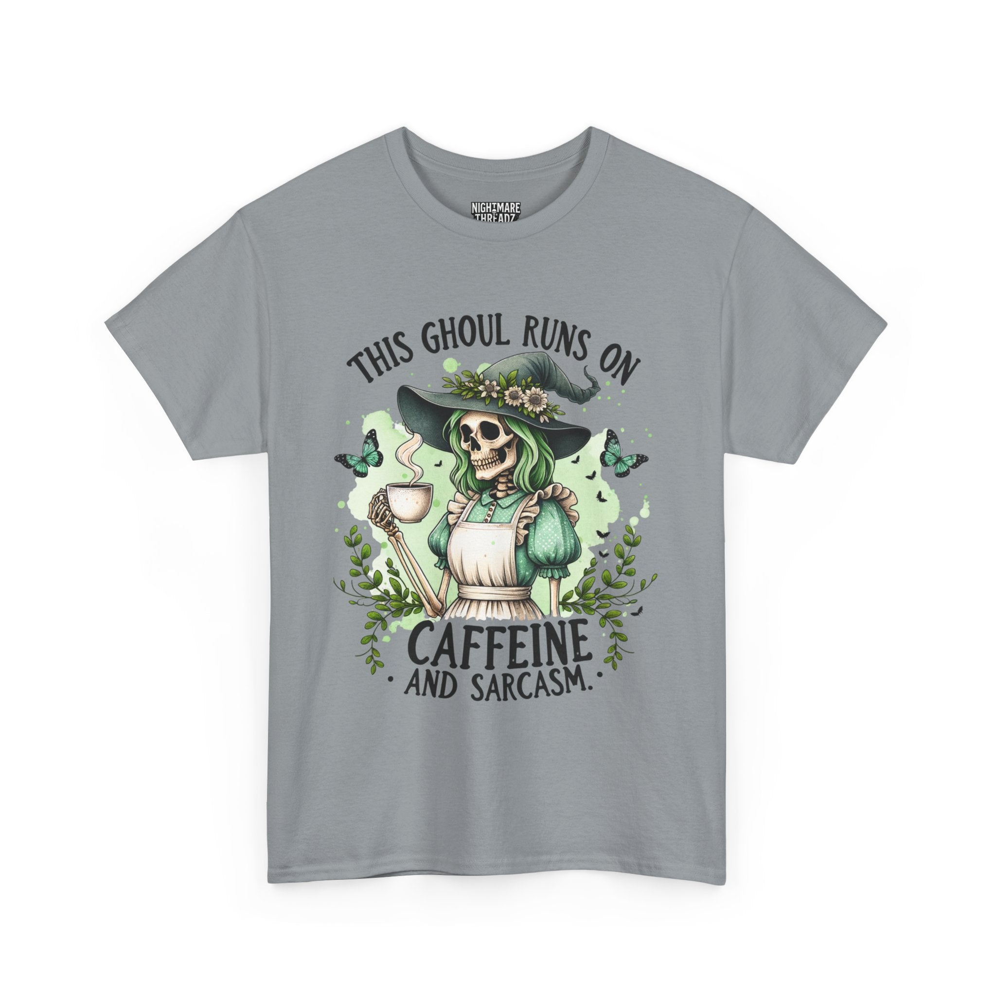 Caffeine and Sarcasm, Funny Halloween Tee, Unisex Tee, Perfect for Gifting, October Festivities, Casual Wear, Skeleton Graphic Tee