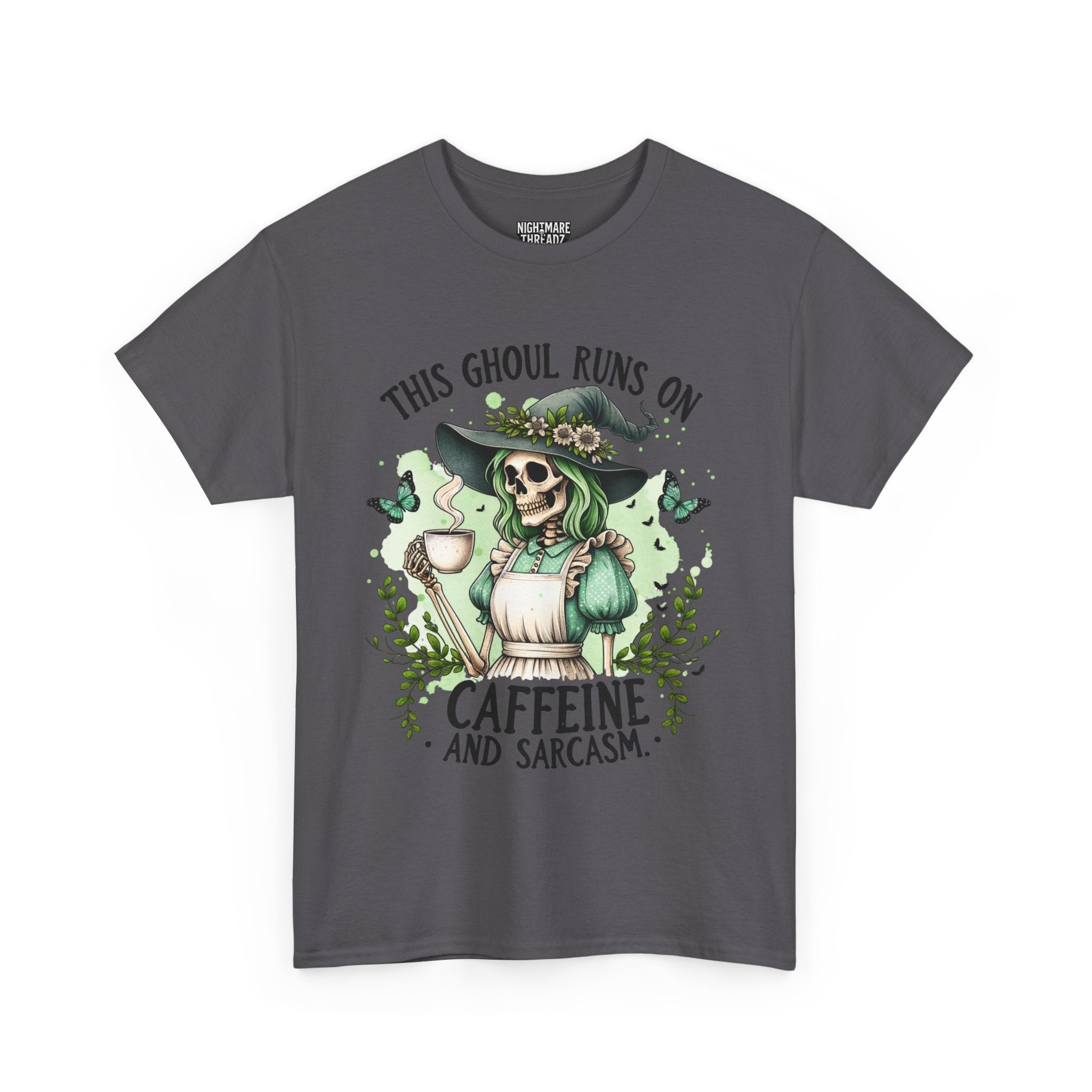 Caffeine and Sarcasm, Funny Halloween Tee, Unisex Tee, Perfect for Gifting, October Festivities, Casual Wear, Skeleton Graphic Tee