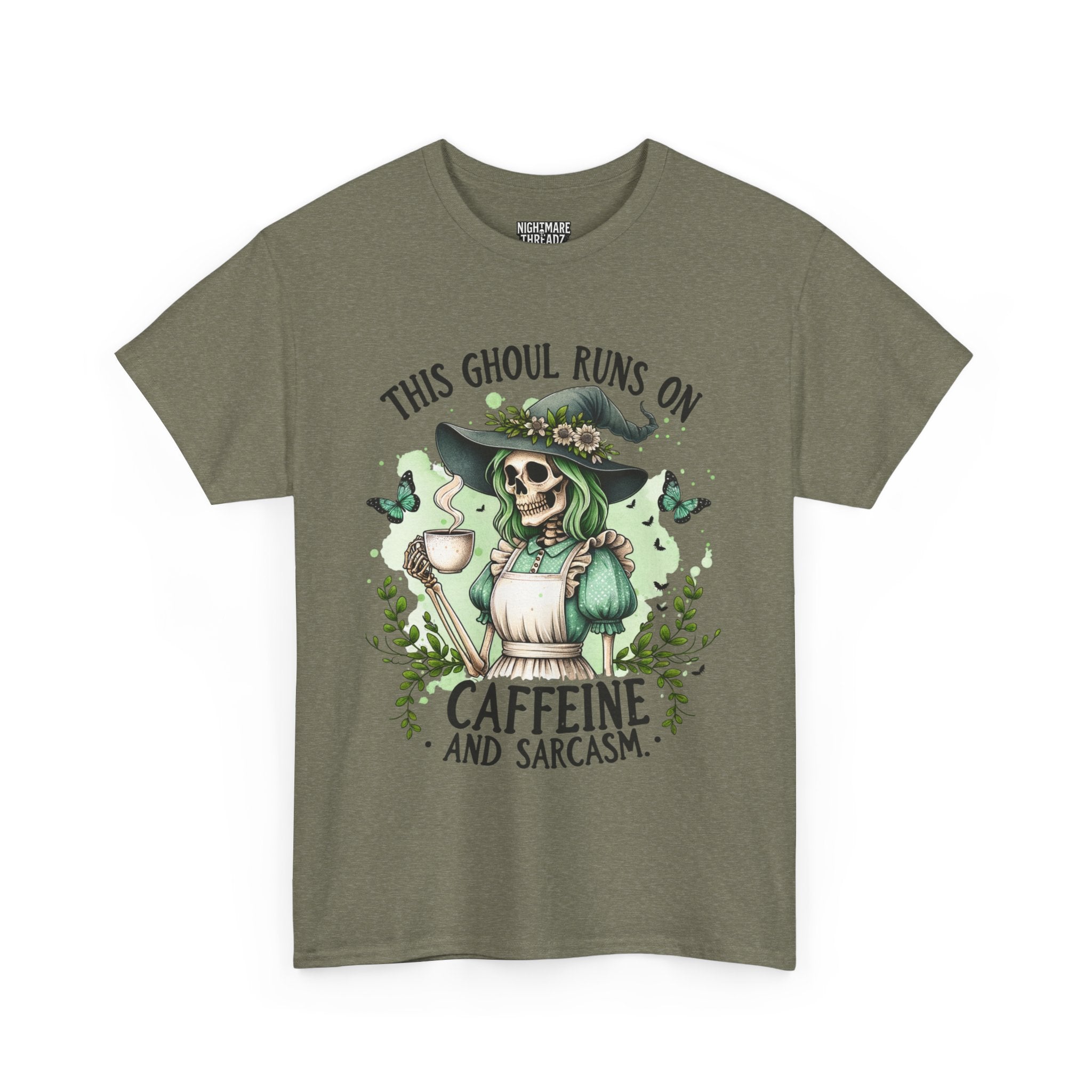 Caffeine and Sarcasm, Funny Halloween Tee, Unisex Tee, Perfect for Gifting, October Festivities, Casual Wear, Skeleton Graphic Tee