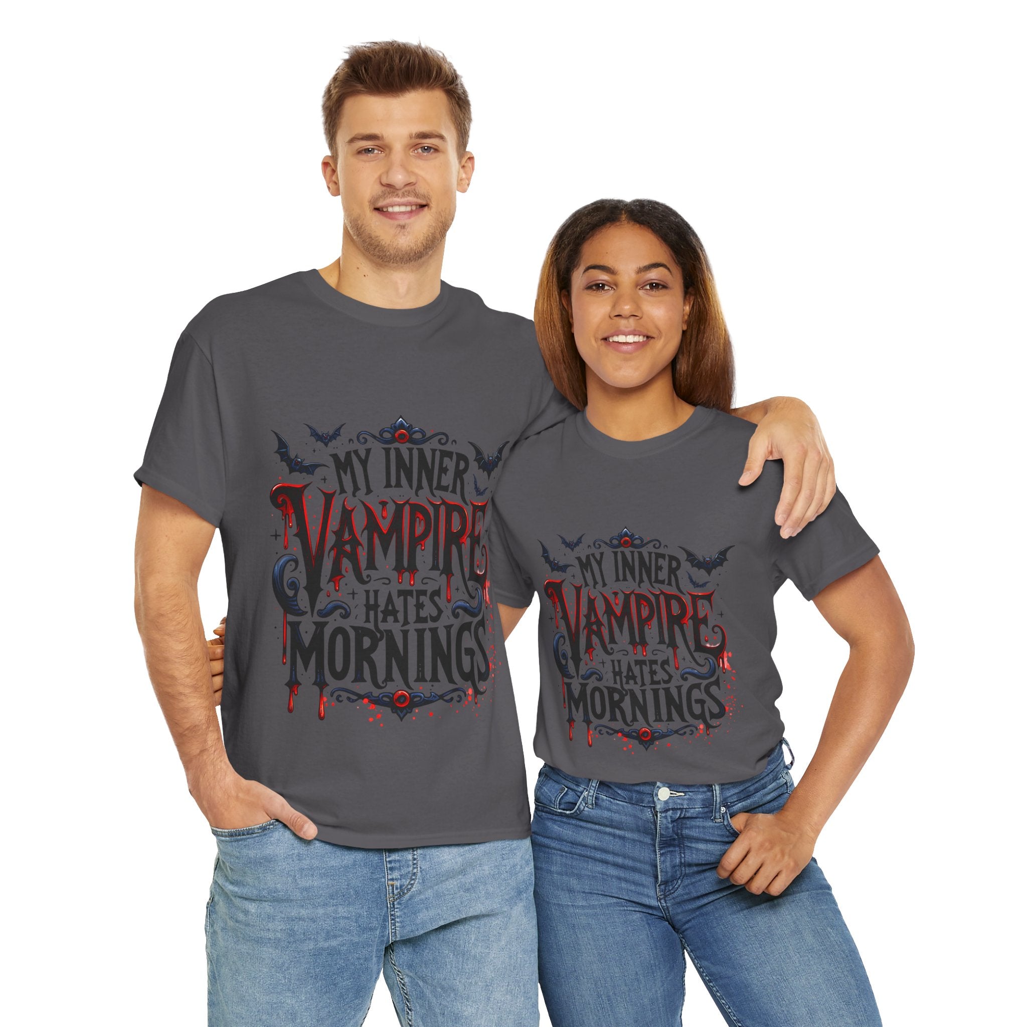 My Inner Vampire Hates Mornings, Tee - Unisex Heavy Cotton Shirt for Halloween, Gifts, Casual Wear, Funny T-Shirt, Vampire Lover Apparel