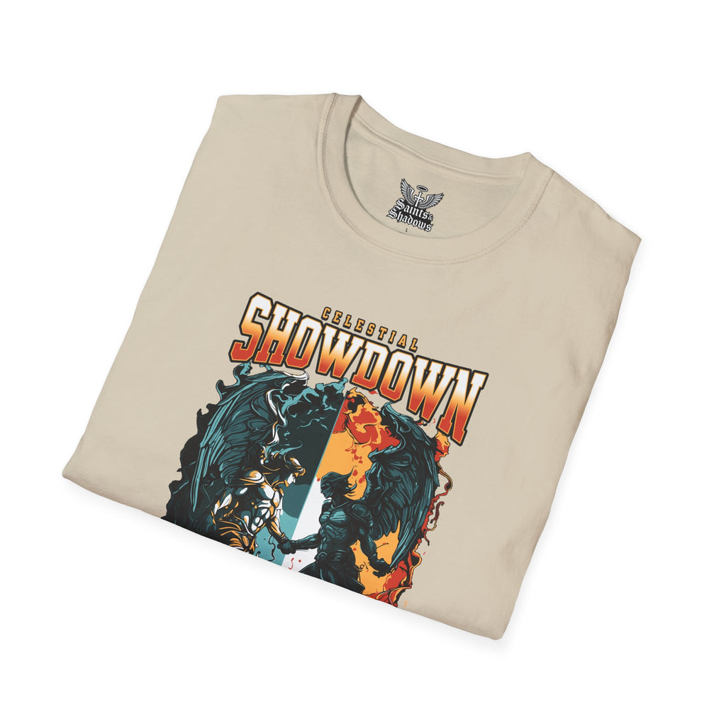 Saints and Shadows - Epic Showdown, Angelic Artwork Unisex Softstyle T-Shirt, Casual Wear