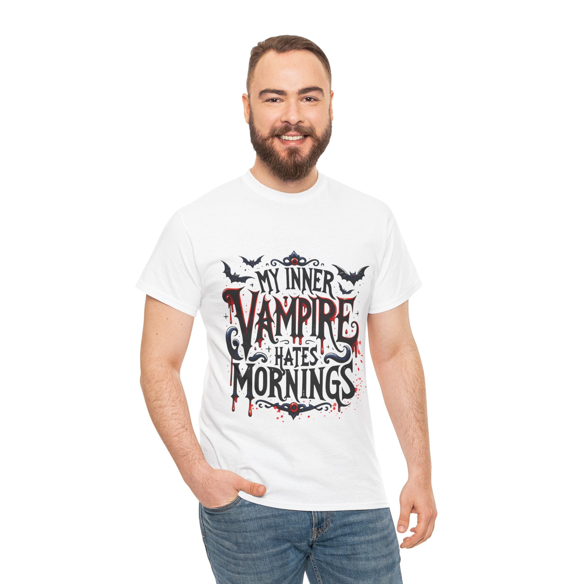 My Inner Vampire Hates Mornings, Tee - Unisex Heavy Cotton Shirt for Halloween, Gifts, Casual Wear, Funny T-Shirt, Vampire Lover Apparel