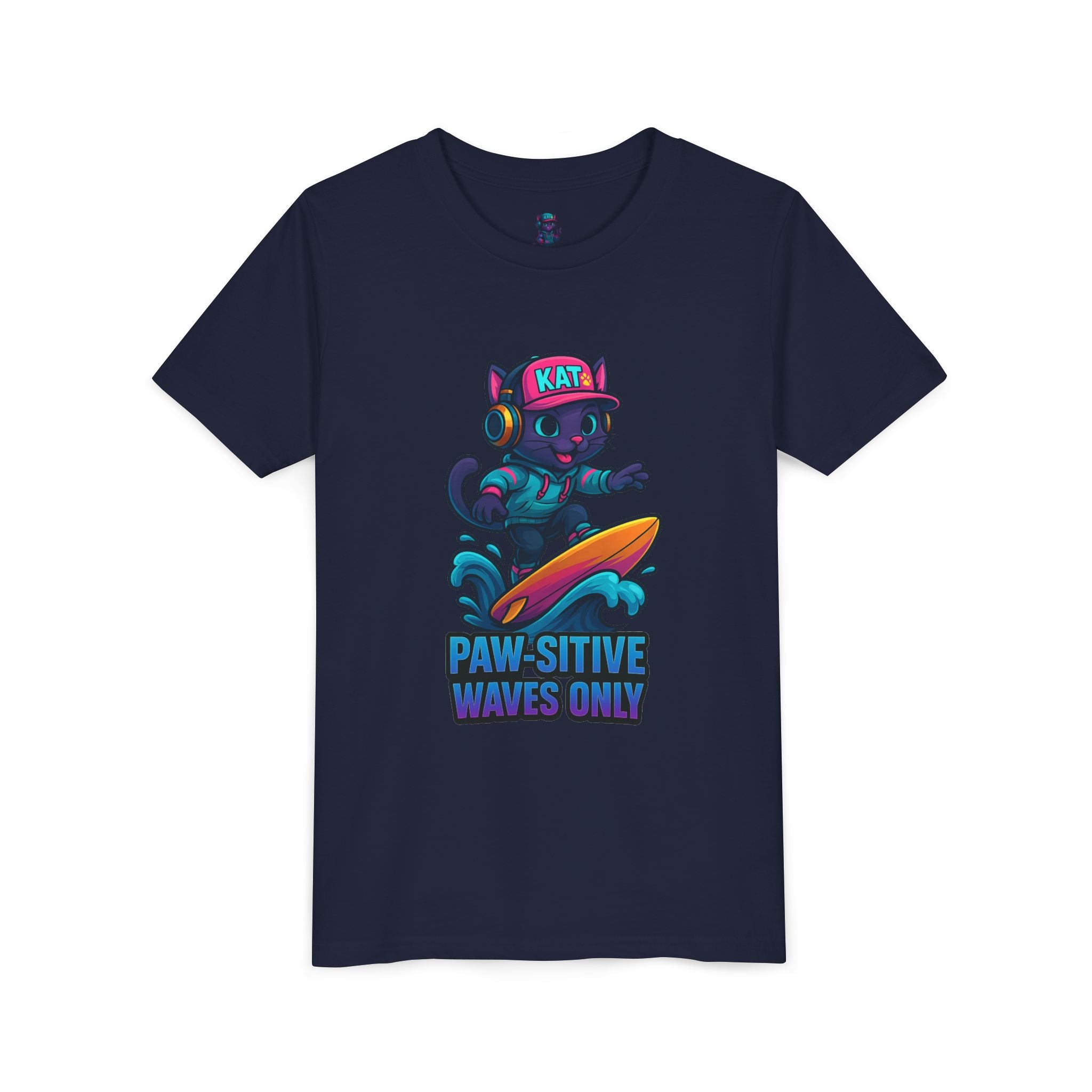 DJ KAT PAWS Paw-Sitive Waves Only, Youth Tee | Kids Surfing T-Shirt, Fun Cat Graphic Top, Summer Apparel, Gifts for Animal Lovers