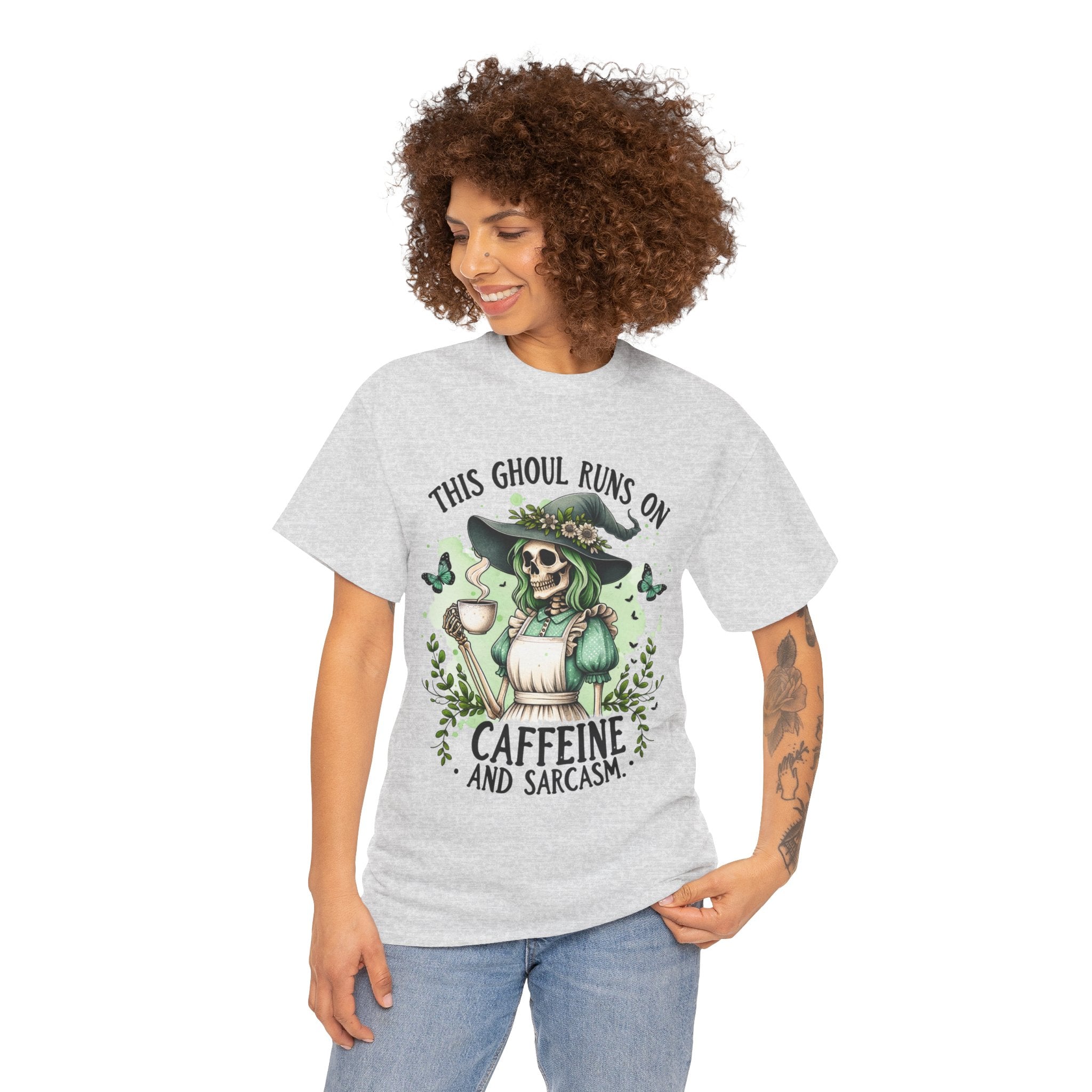 Caffeine and Sarcasm, Funny Halloween Tee, Unisex Tee, Perfect for Gifting, October Festivities, Casual Wear, Skeleton Graphic Tee