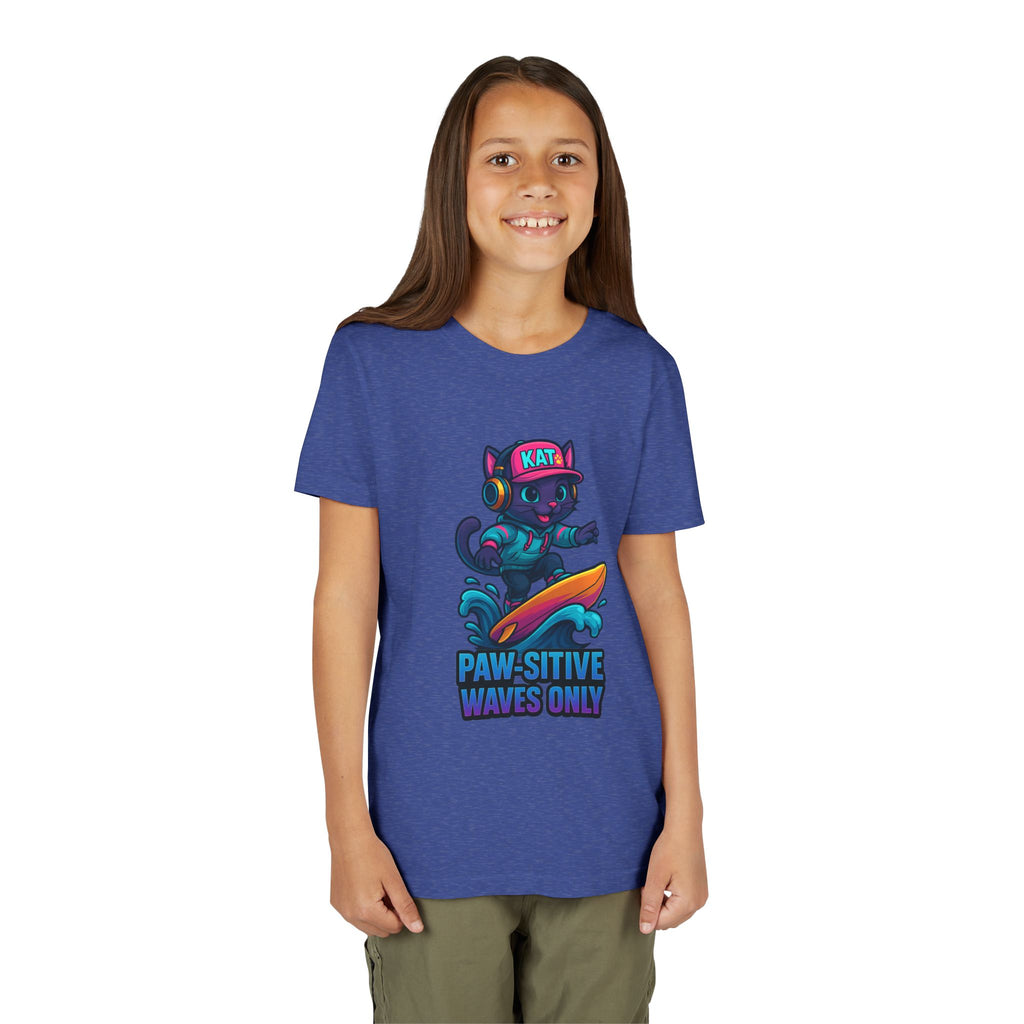 DJ KAT PAWS Paw-Sitive Waves Only, Youth Tee | Kids Surfing T-Shirt, Fun Cat Graphic Top, Summer Apparel, Gifts for Animal Lovers
