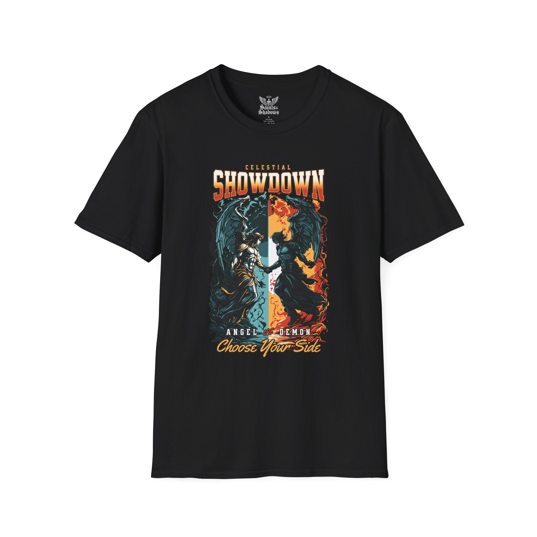 Saints and Shadows - Epic Showdown, Angelic Artwork Unisex Softstyle T-Shirt, Casual Wear