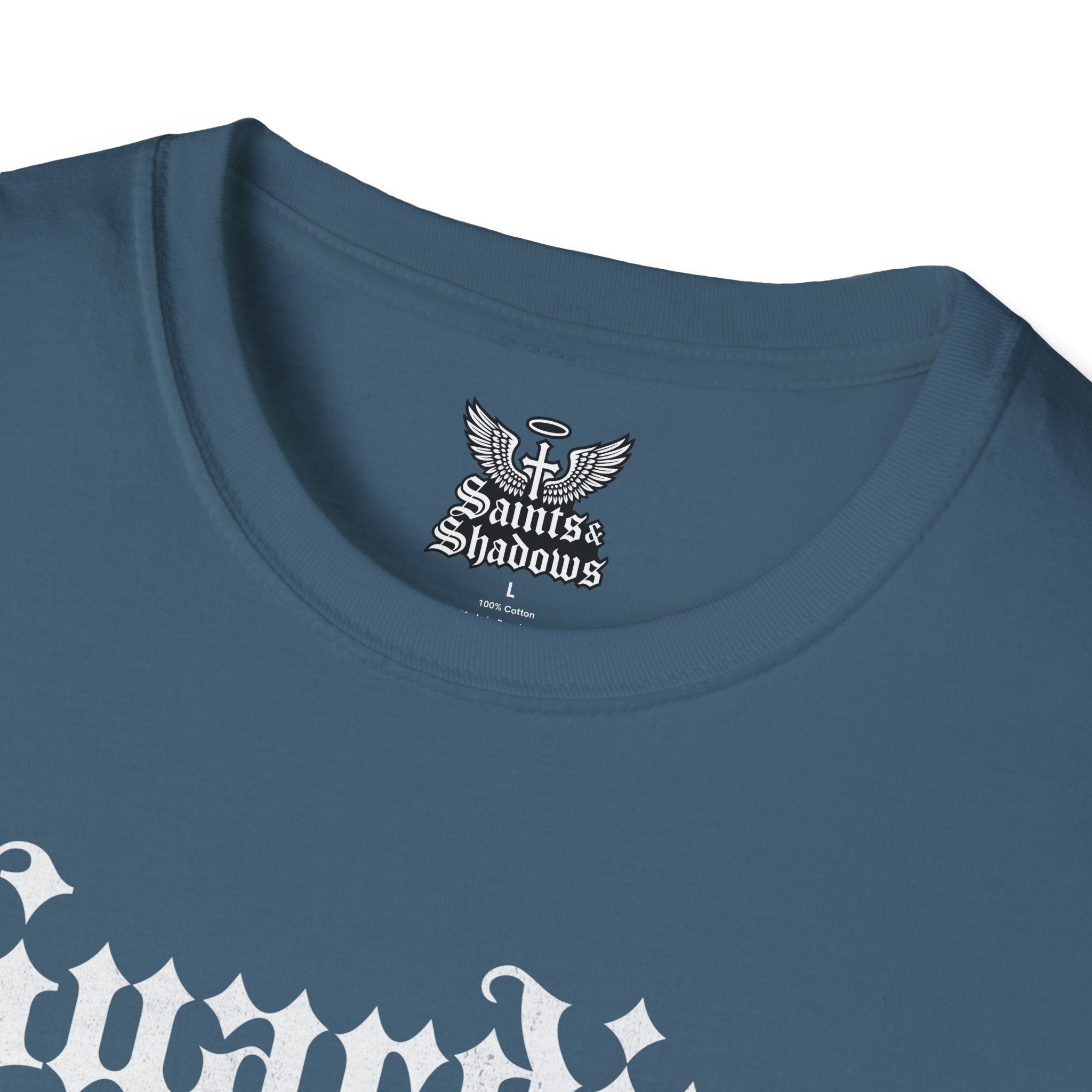 Saints and Shadows - Guardian of the Skyline, Angelic Artwork Unisex Softstyle T-Shirt, Casual Wear