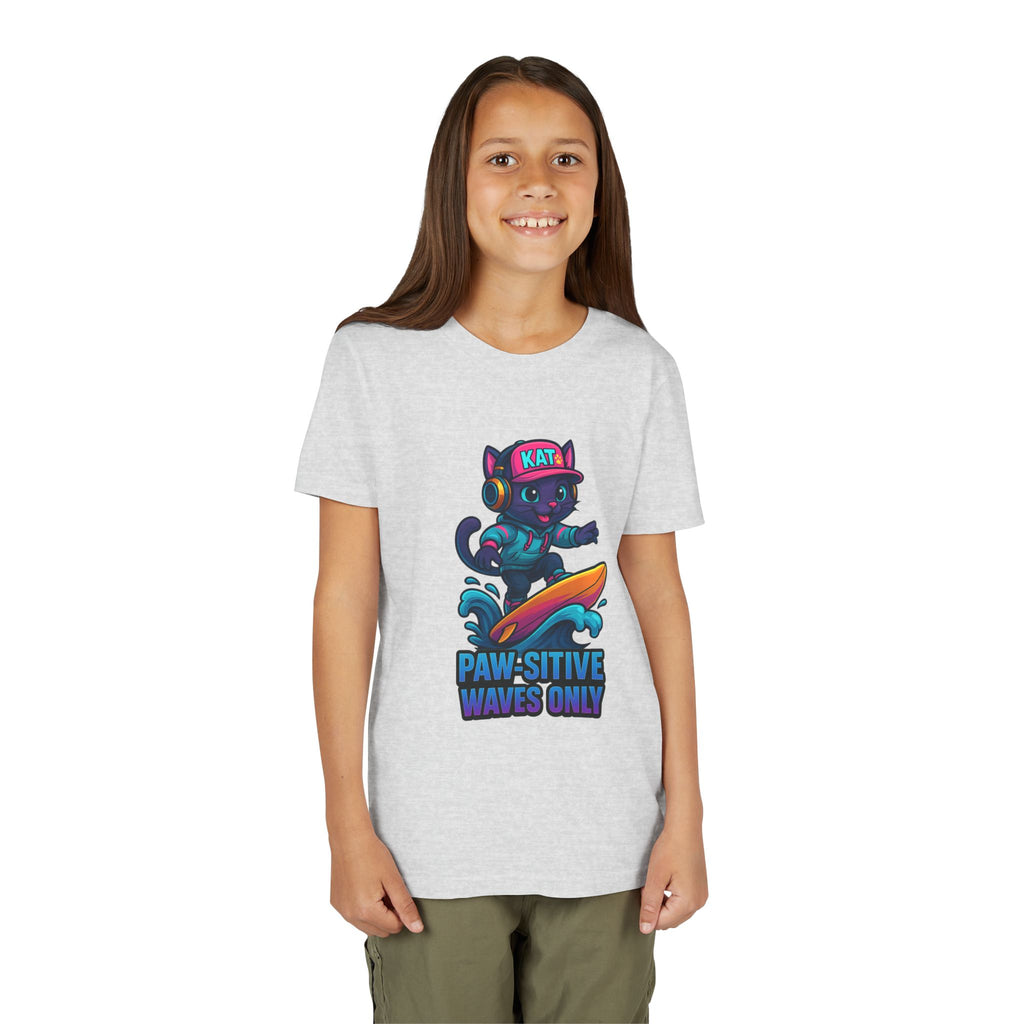 DJ KAT PAWS Paw-Sitive Waves Only, Youth Tee | Kids Surfing T-Shirt, Fun Cat Graphic Top, Summer Apparel, Gifts for Animal Lovers