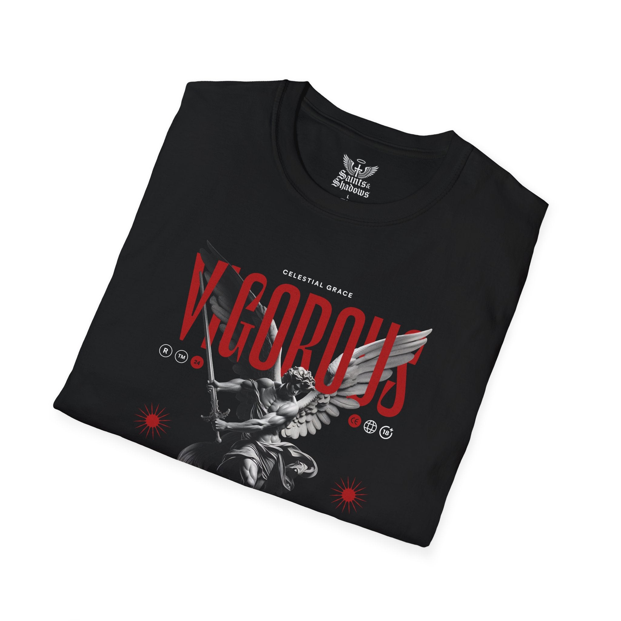 Saints and Shadows - Vigorous, Angelic Artwork Unisex Softstyle T-Shirt, Casual Wear