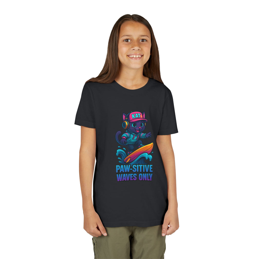 DJ KAT PAWS Paw-Sitive Waves Only, Youth Tee | Kids Surfing T-Shirt, Fun Cat Graphic Top, Summer Apparel, Gifts for Animal Lovers