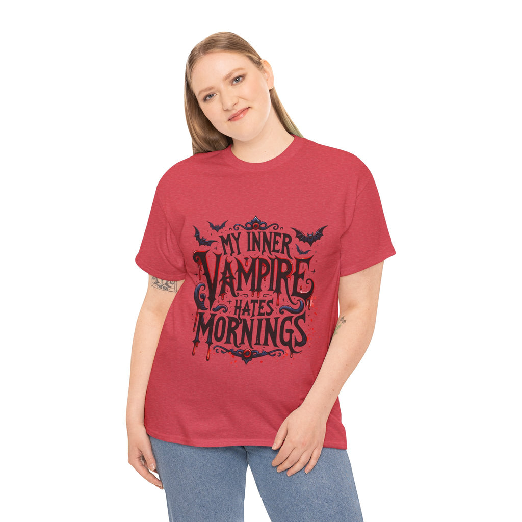 My Inner Vampire Hates Mornings, Tee - Unisex Heavy Cotton Shirt for Halloween, Gifts, Casual Wear, Funny T-Shirt, Vampire Lover Apparel