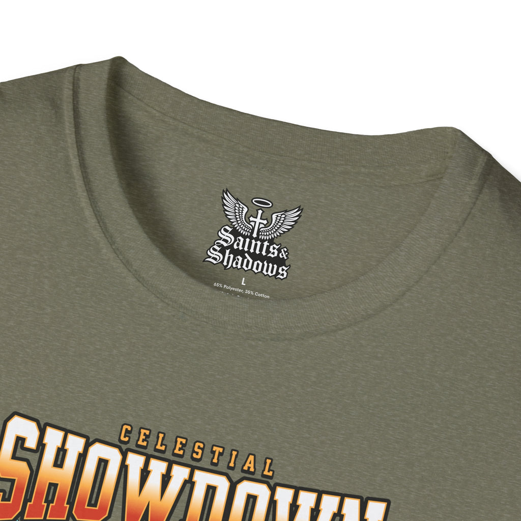 Saints and Shadows - Epic Showdown, Angelic Artwork Unisex Softstyle T-Shirt, Casual Wear