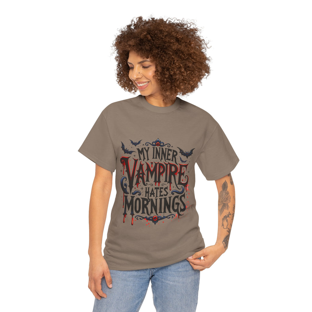 My Inner Vampire Hates Mornings, Tee - Unisex Heavy Cotton Shirt for Halloween, Gifts, Casual Wear, Funny T-Shirt, Vampire Lover Apparel