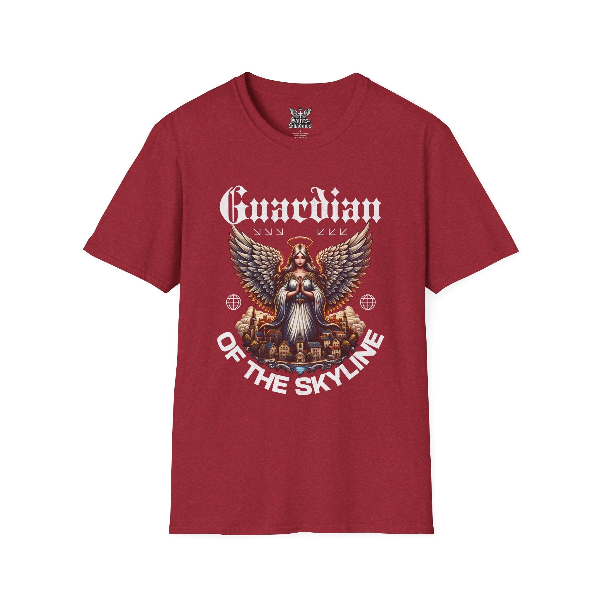 Saints and Shadows - Guardian of the Skyline, Angelic Artwork Unisex Softstyle T-Shirt, Casual Wear