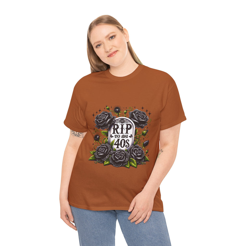 RIP to My 40s Tee, Heavy, Unisex Graphic Shirt, Birthday Gift, Casual Wear, Vintage Style, Floral Design T-shirt