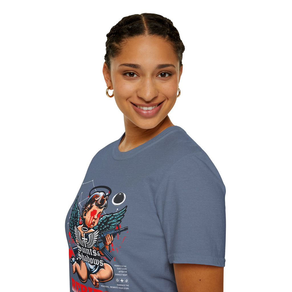 Saints and Shadows - Rebirth, Angelic Artwork Unisex Softstyle T-Shirt, Casual Wear