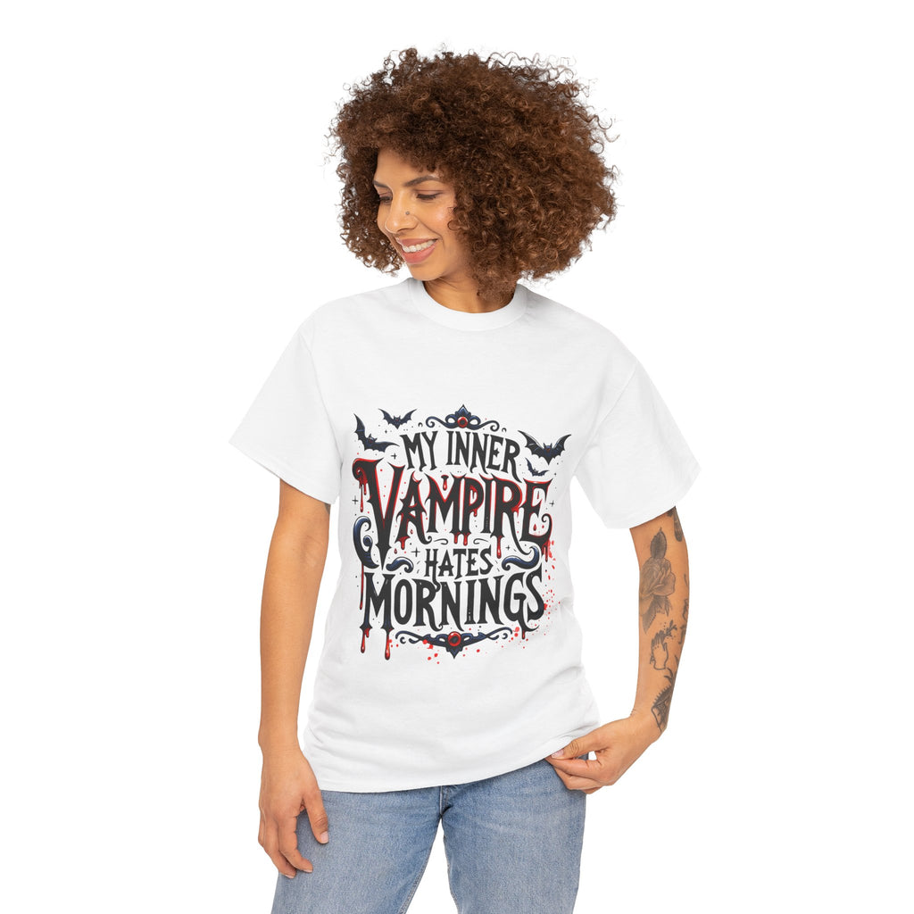 My Inner Vampire Hates Mornings, Tee - Unisex Heavy Cotton Shirt for Halloween, Gifts, Casual Wear, Funny T-Shirt, Vampire Lover Apparel