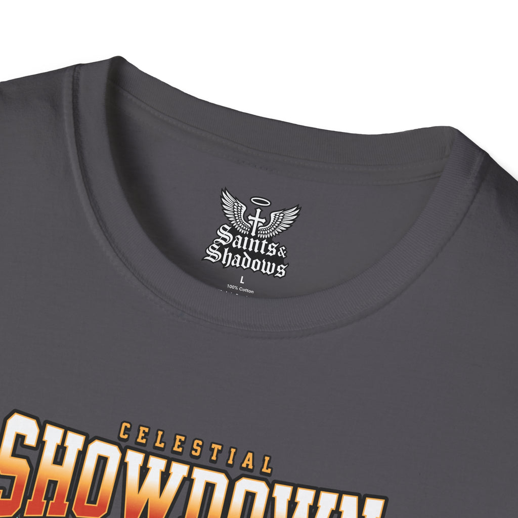 Saints and Shadows - Epic Showdown, Angelic Artwork Unisex Softstyle T-Shirt, Casual Wear