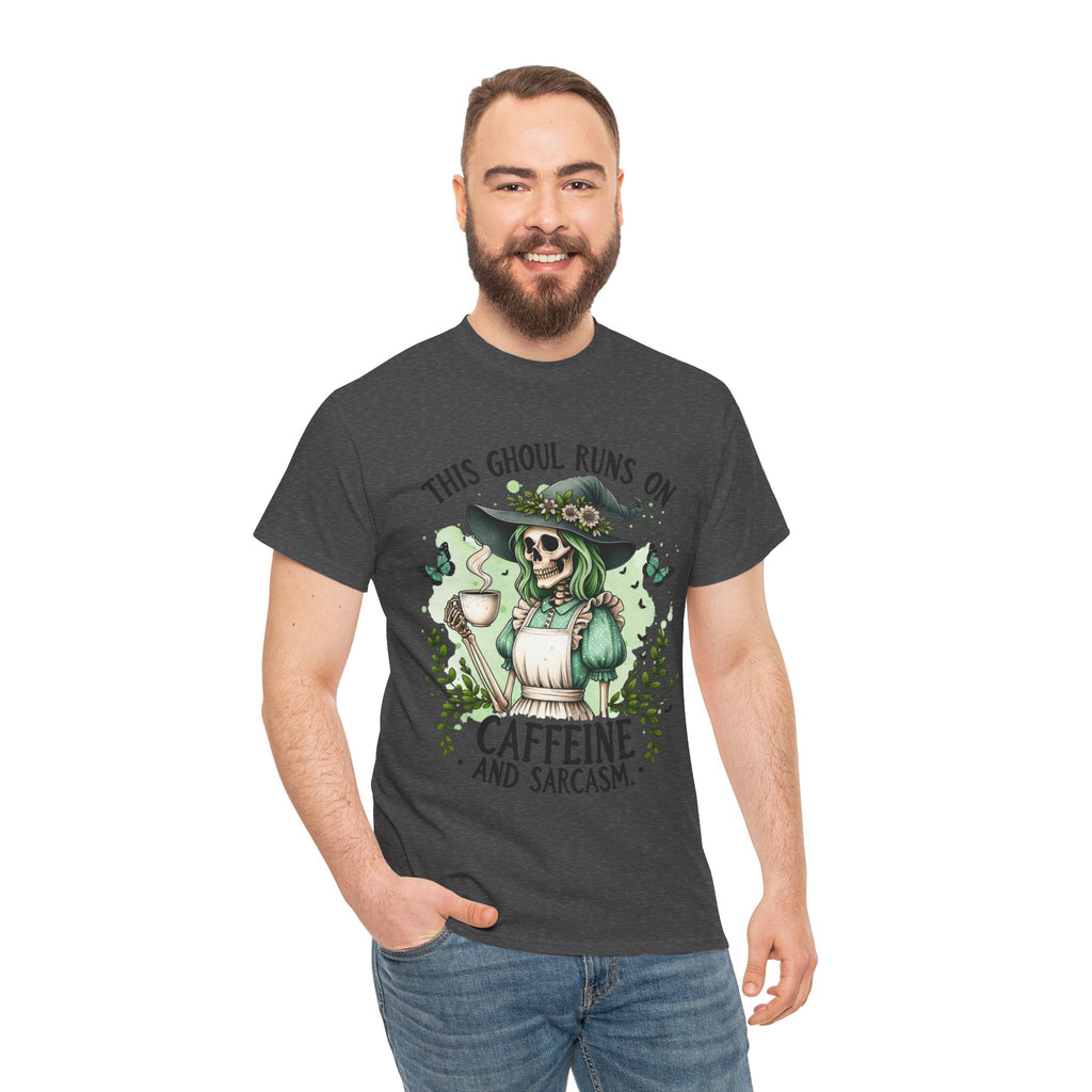 Caffeine and Sarcasm, Funny Halloween Tee, Unisex Tee, Perfect for Gifting, October Festivities, Casual Wear, Skeleton Graphic Tee