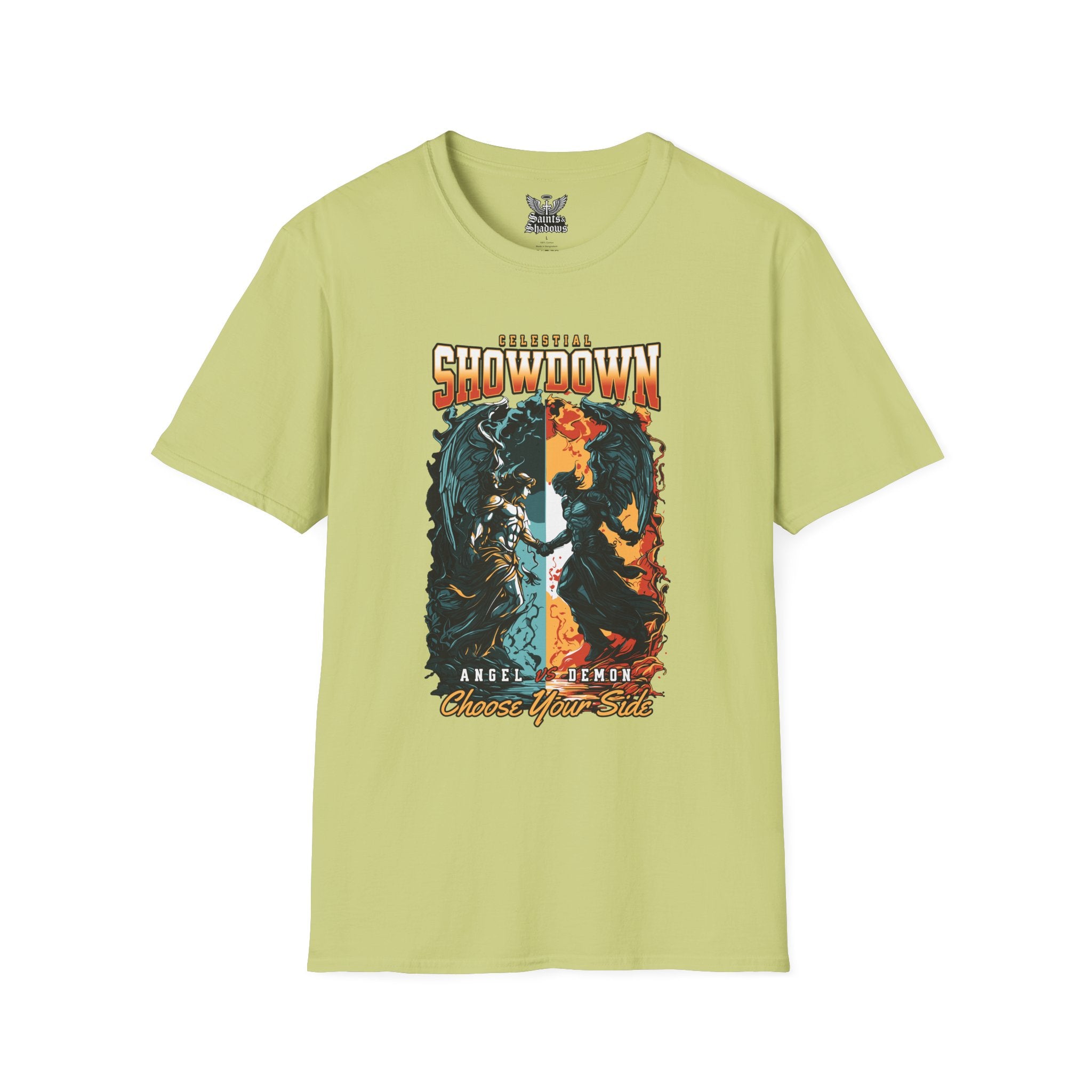 Saints and Shadows - Epic Showdown, Angelic Artwork Unisex Softstyle T-Shirt, Casual Wear