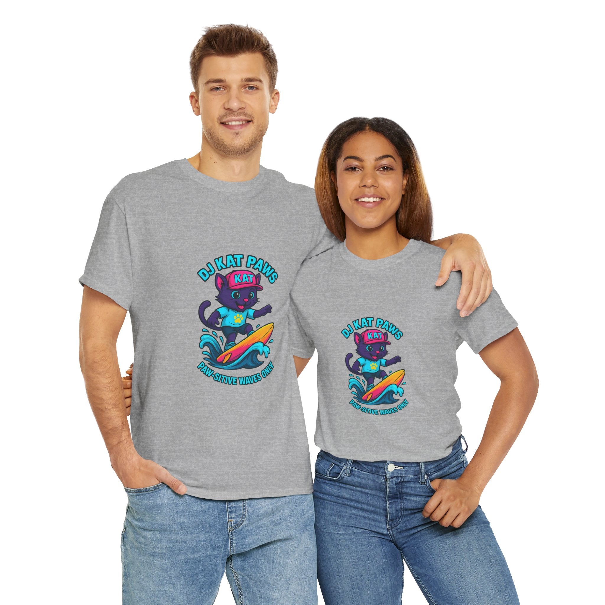 DJ KAT PAWS Surfing Fun T-Shirt | Stay Cool, Have Fun, Play Safe, Be You! | Fun Summer Tee, Gift for Cat Lovers, Beach Vibes