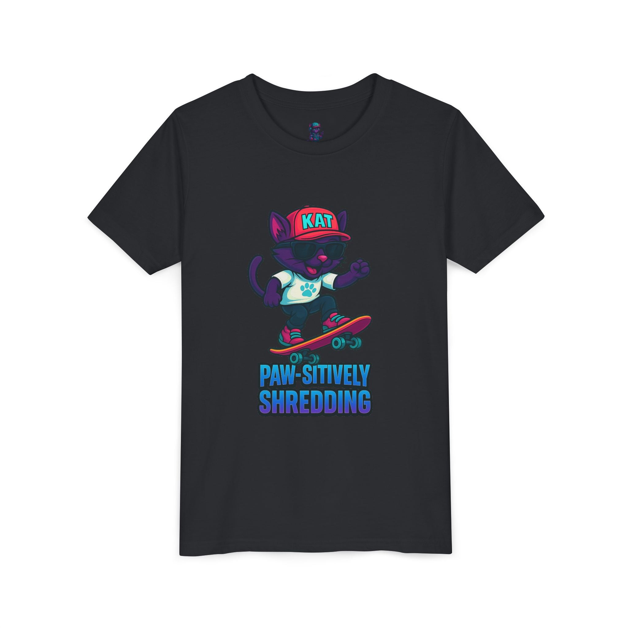 DJ KAT PAWS Paw-sitively Shredding, Skateboarding Youth Tee | Fun Summer Shirt, Motivational Kids T-Shirt, Birthday Gift for Boys & Girls