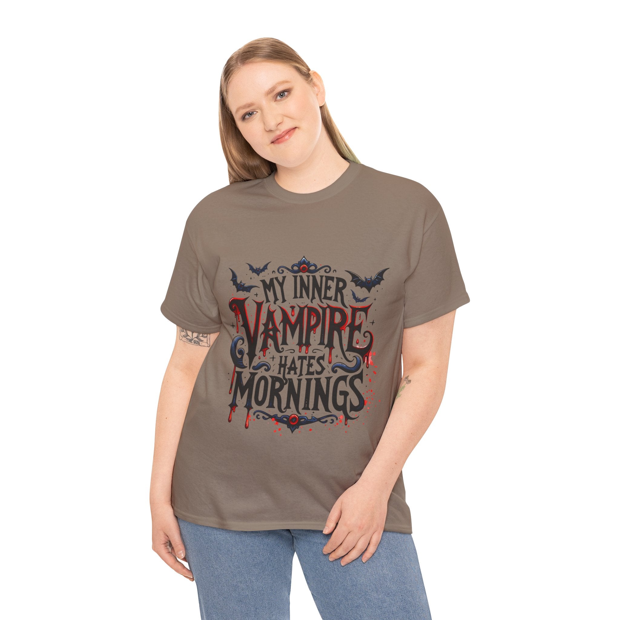 My Inner Vampire Hates Mornings, Tee - Unisex Heavy Cotton Shirt for Halloween, Gifts, Casual Wear, Funny T-Shirt, Vampire Lover Apparel