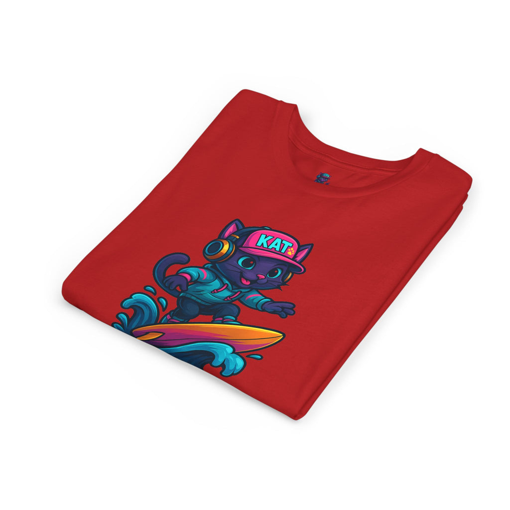 DJ KAT PAWS Paw-Sitive Waves Only, Youth Tee | Kids Surfing T-Shirt, Fun Cat Graphic Top, Summer Apparel, Gifts for Animal Lovers