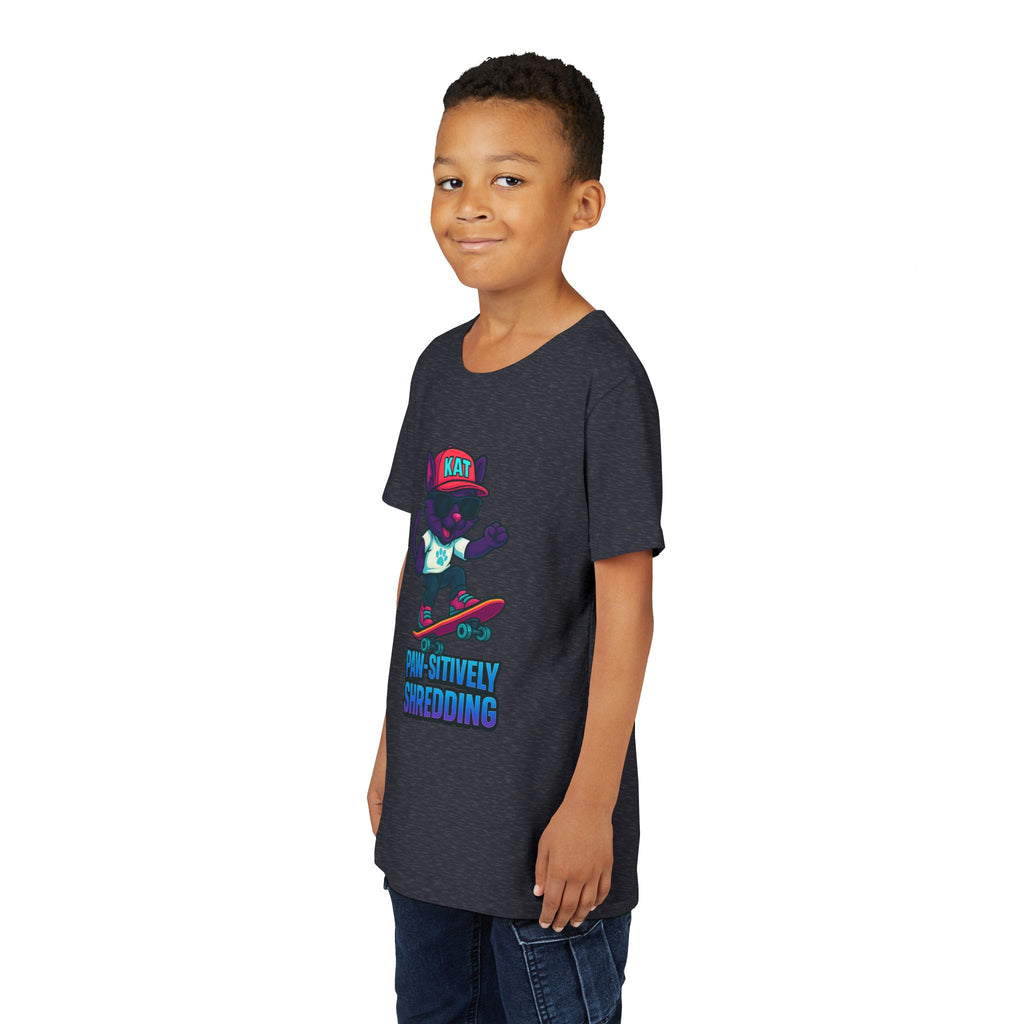 DJ KAT PAWS Paw-sitively Shredding, Skateboarding Youth Tee | Fun Summer Shirt, Motivational Kids T-Shirt, Birthday Gift for Boys & Girls