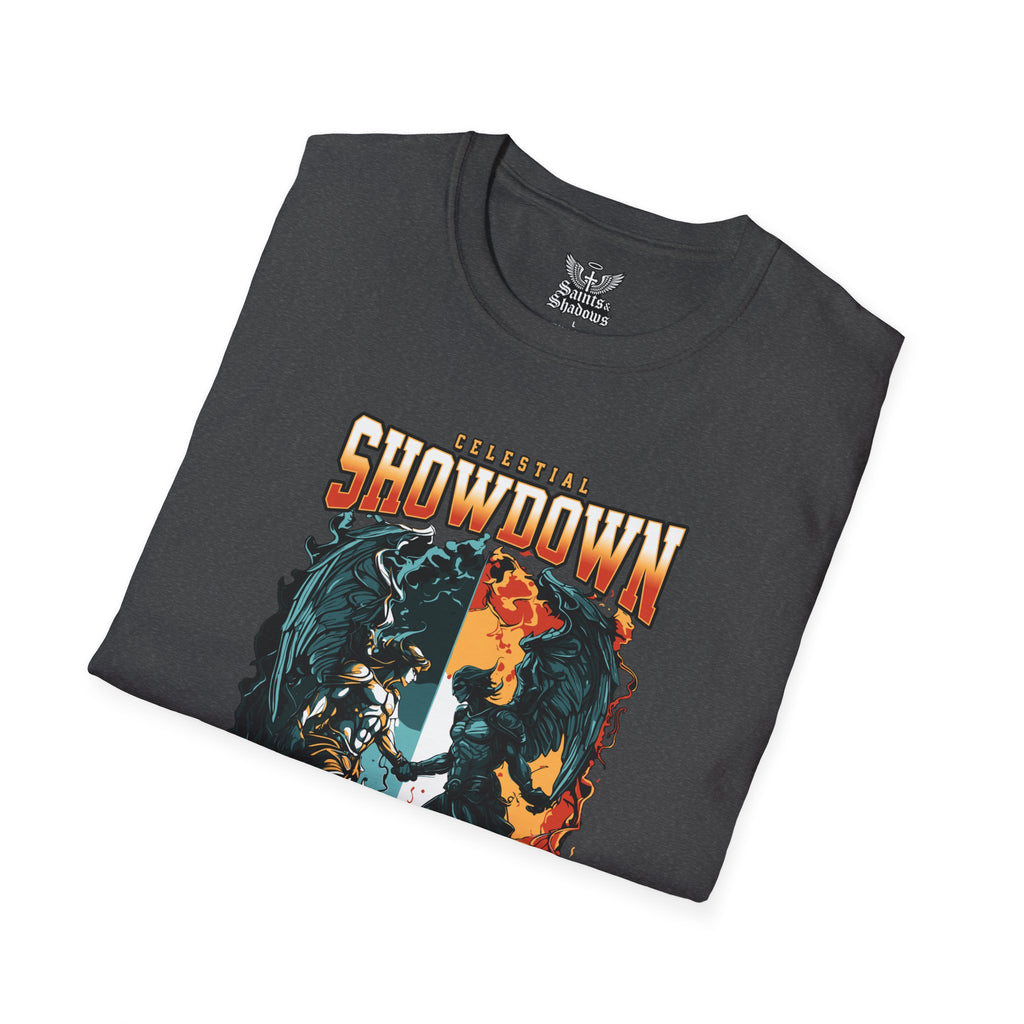 Saints and Shadows - Epic Showdown, Angelic Artwork Unisex Softstyle T-Shirt, Casual Wear