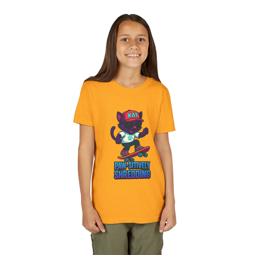DJ KAT PAWS Paw-sitively Shredding, Skateboarding Youth Tee | Fun Summer Shirt, Motivational Kids T-Shirt, Birthday Gift for Boys & Girls