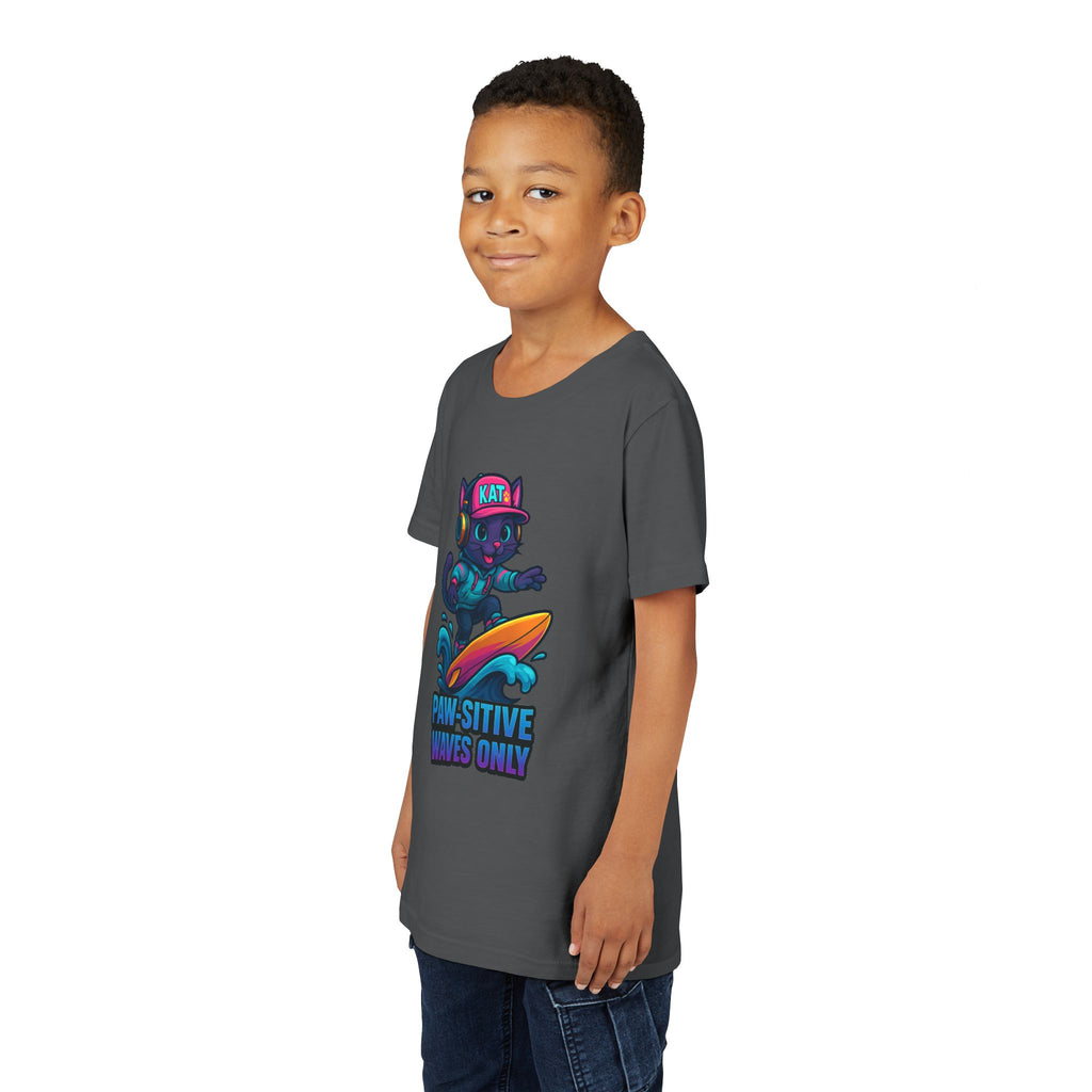 DJ KAT PAWS Paw-Sitive Waves Only, Youth Tee | Kids Surfing T-Shirt, Fun Cat Graphic Top, Summer Apparel, Gifts for Animal Lovers