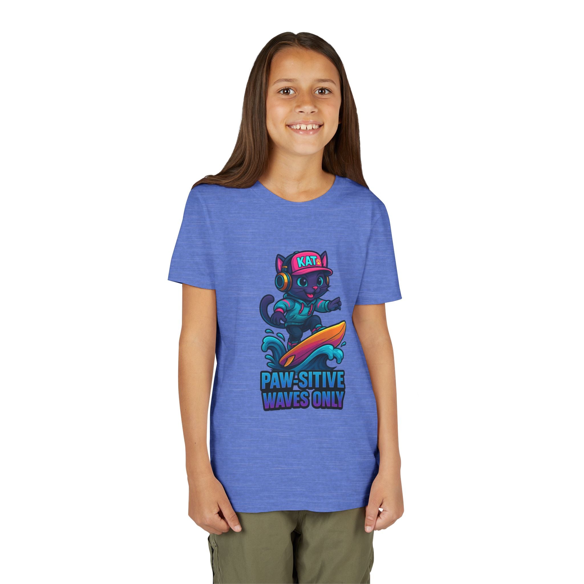 DJ KAT PAWS Paw-Sitive Waves Only, Youth Tee | Kids Surfing T-Shirt, Fun Cat Graphic Top, Summer Apparel, Gifts for Animal Lovers